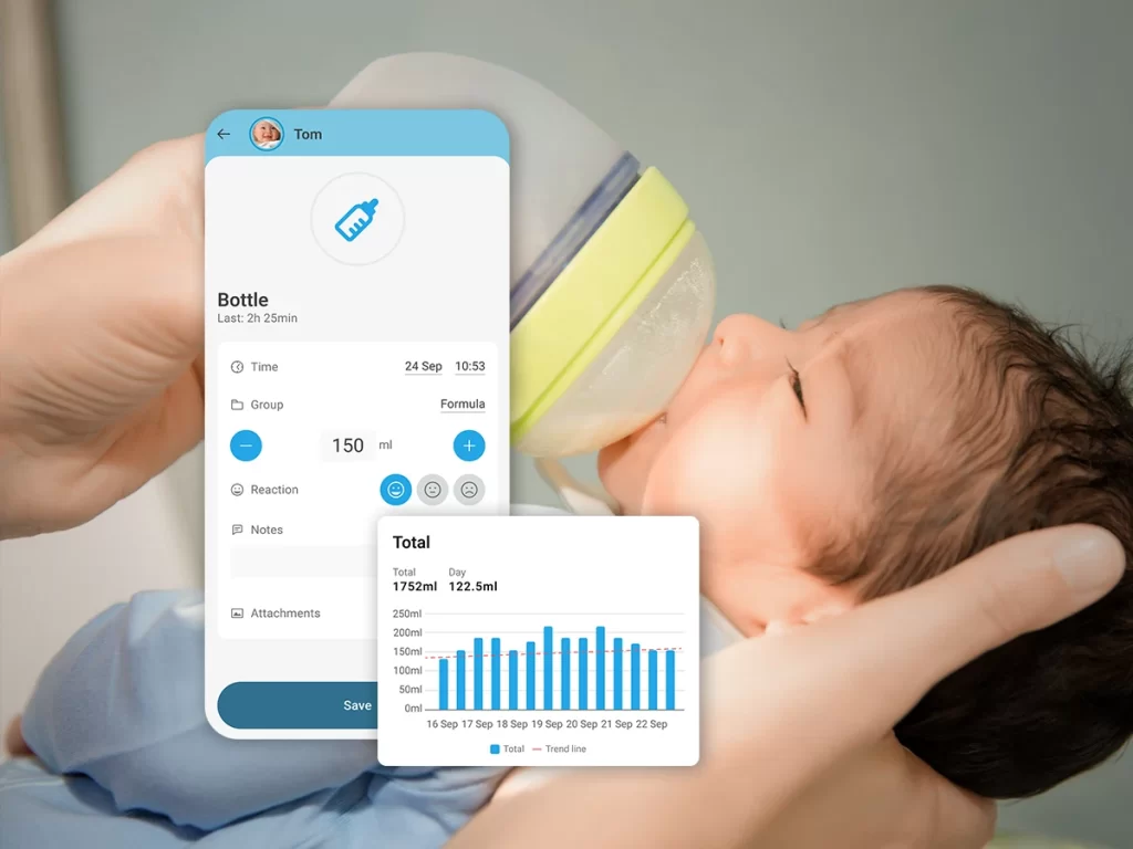 Formula feeding with the Baby Daybook bottle feeding tracker and feeding statistics