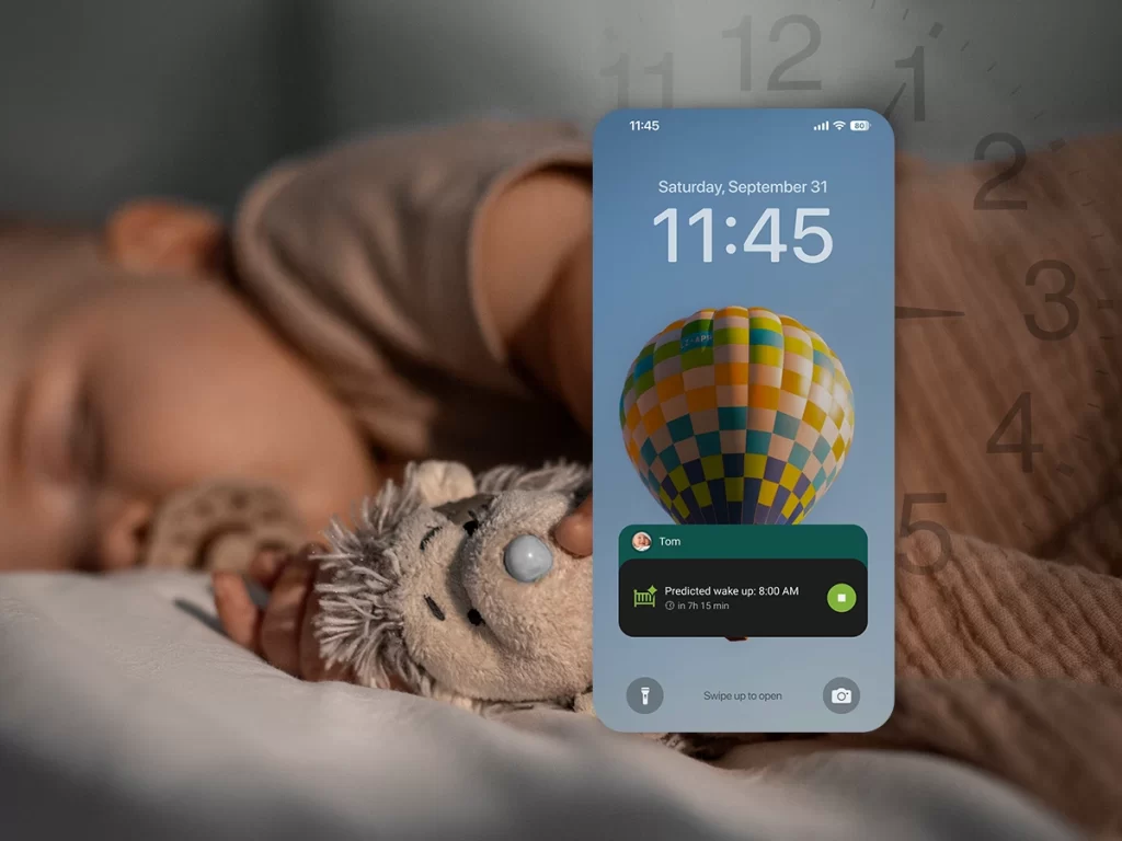 Baby Daybook app displaying an active baby sleep session and predicted wake-up time of 7:00 a.m.