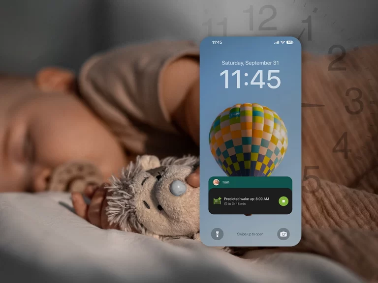 Sleeping baby with the Baby Daybook app showing a predicted 7:00 a.m. wake-up time during the daylight saving time change.